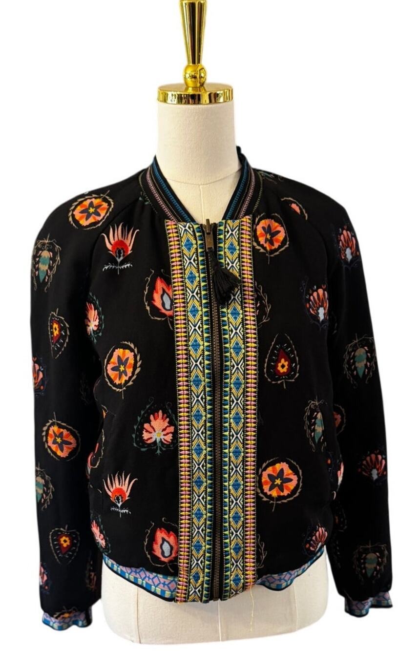 Desigual My Way Reversible Bomber Jacket Black Ivory Floral Art Print Size 38/S